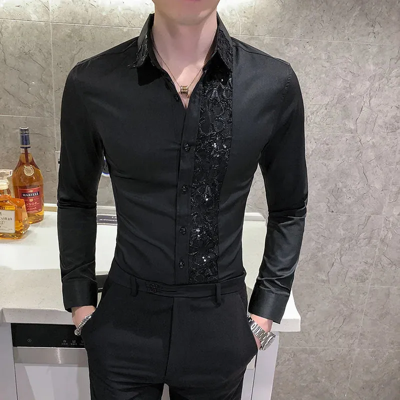 Aidase Sequin Wedding Dress Shirt Korean Men Clothes 4xl Black White Mens Lace Shirt Long Sleeve Slim Fit Social Dress Shirt