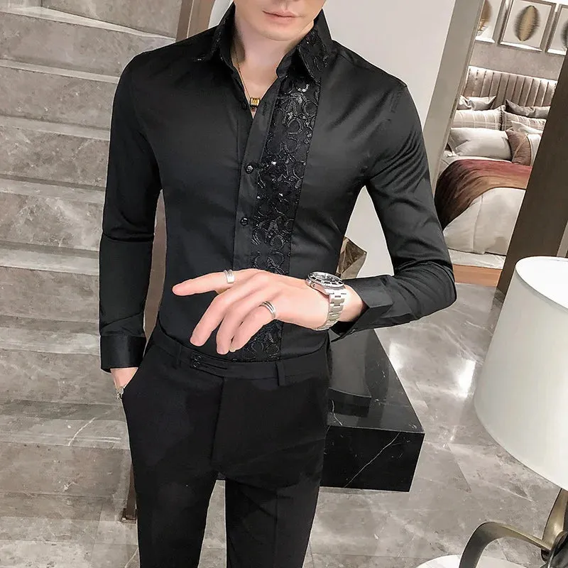 Aidase Sequin Wedding Dress Shirt Korean Men Clothes 4xl Black White Mens Lace Shirt Long Sleeve Slim Fit Social Dress Shirt