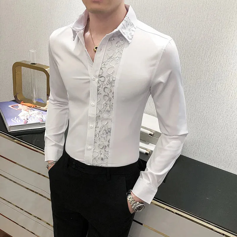 Aidase Sequin Wedding Dress Shirt Korean Men Clothes 4xl Black White Mens Lace Shirt Long Sleeve Slim Fit Social Dress Shirt