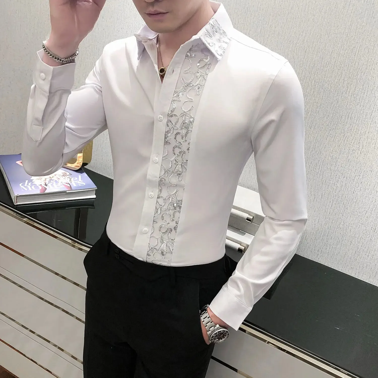 Aidase Sequin Wedding Dress Shirt Korean Men Clothes 4xl Black White Mens Lace Shirt Long Sleeve Slim Fit Social Dress Shirt