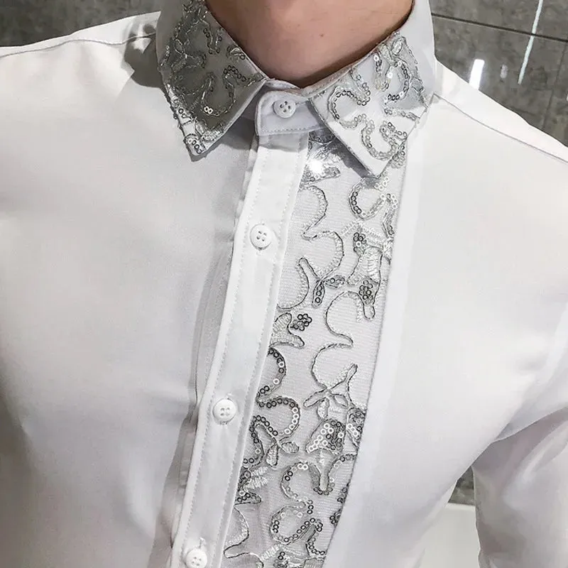 Aidase Sequin Wedding Dress Shirt Korean Men Clothes 4xl Black White Mens Lace Shirt Long Sleeve Slim Fit Social Dress Shirt