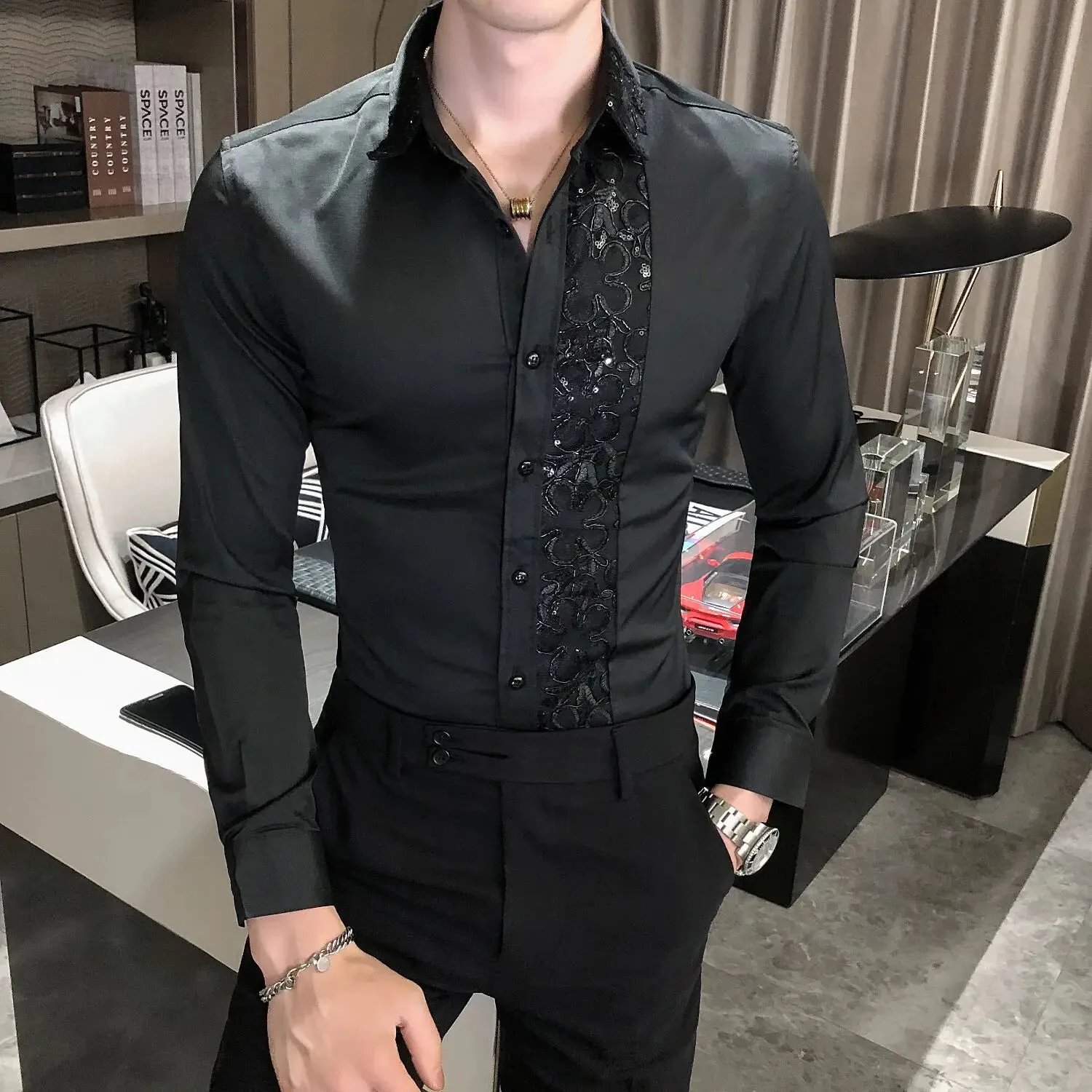 Aidase Sequin Wedding Dress Shirt Korean Men Clothes 4xl Black White Mens Lace Shirt Long Sleeve Slim Fit Social Dress Shirt