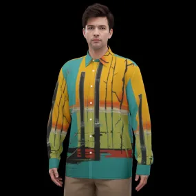 All-Over Print Men's Imitation Silk Long-Sleeved Shirt J 17 aqua, yellow  abstract