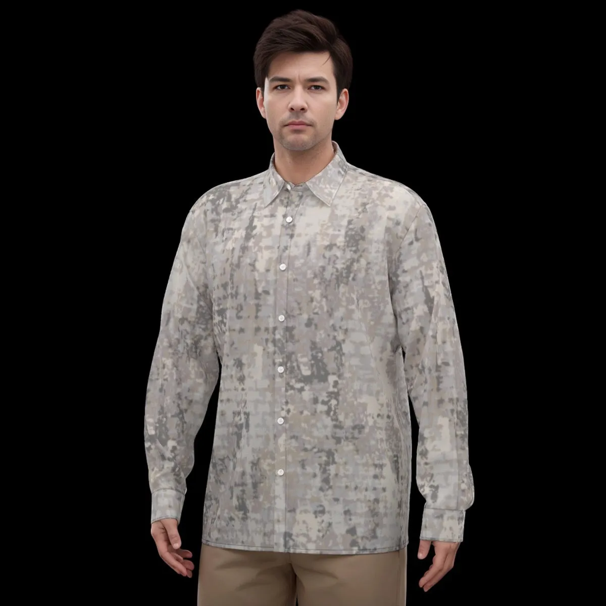 All-Over Print Men's Imitation Silk Long-Sleeved Shirt J 18 gray, toned print