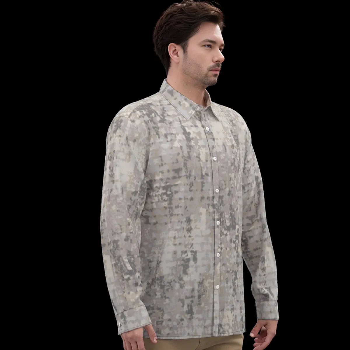 All-Over Print Men's Imitation Silk Long-Sleeved Shirt J 18 gray, toned print