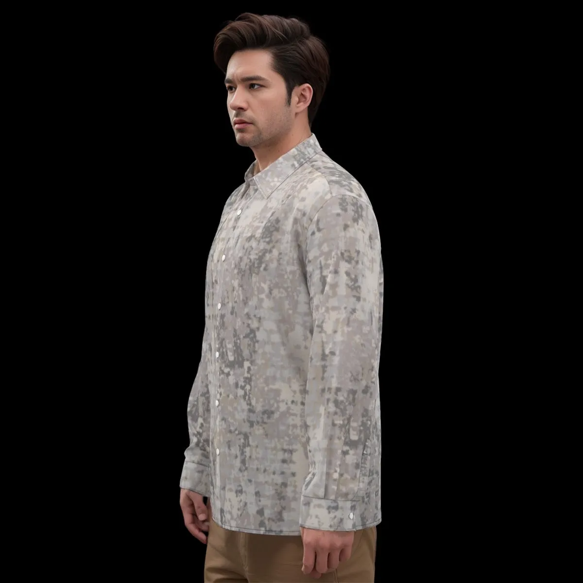 All-Over Print Men's Imitation Silk Long-Sleeved Shirt J 18 gray, toned print