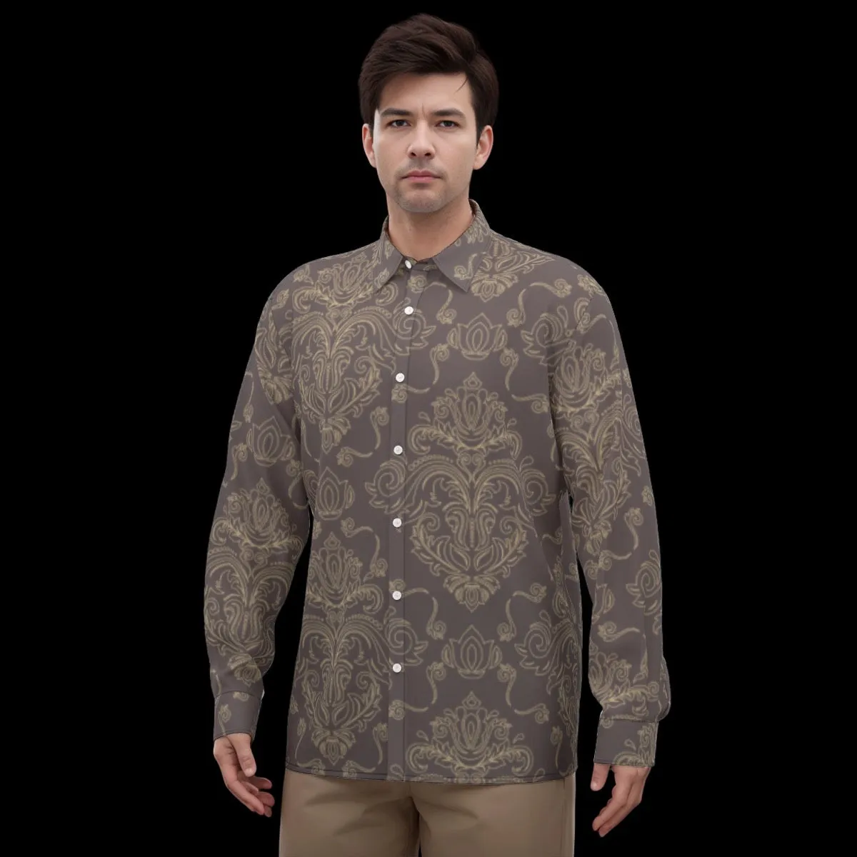 All-Over Print Men's Imitation Silk Long-Sleeved Shirt j4 beige