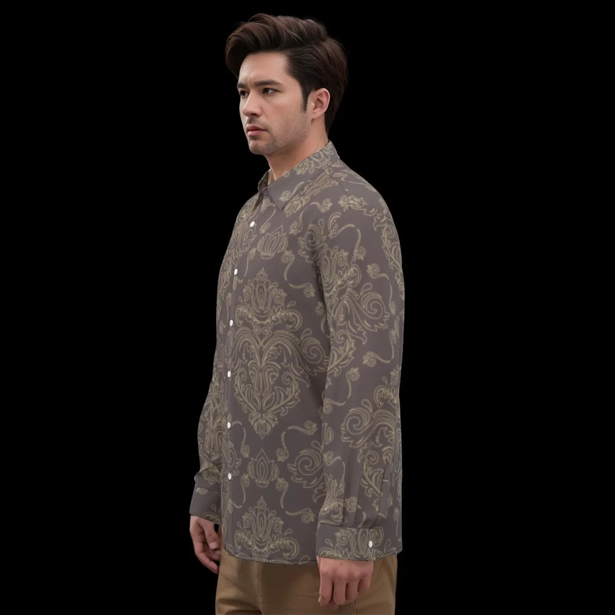 All-Over Print Men's Imitation Silk Long-Sleeved Shirt j4 beige