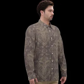 All-Over Print Men's Imitation Silk Long-Sleeved Shirt j4 beige