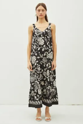 Black Floral Print V-Neck Wide Strap Tie Back Maxi Dress