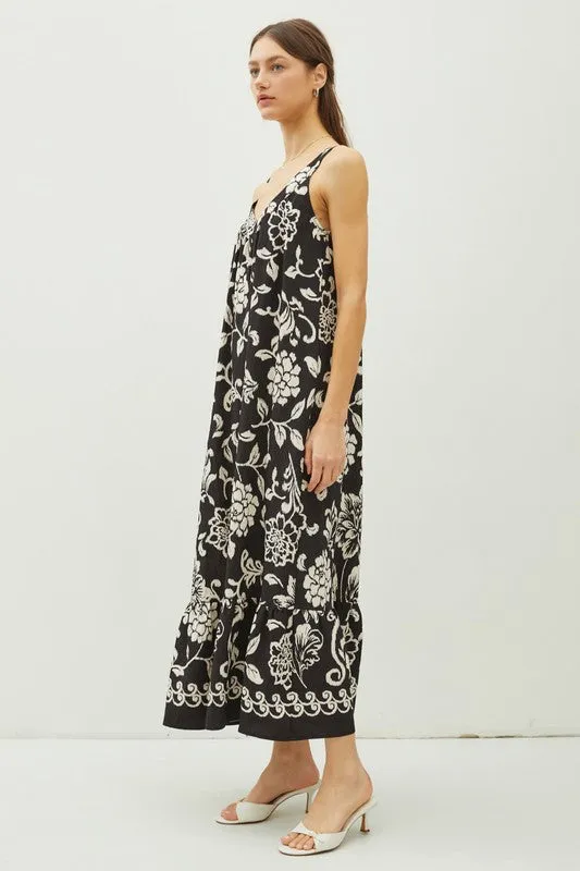 Black Floral Print V-Neck Wide Strap Tie Back Maxi Dress