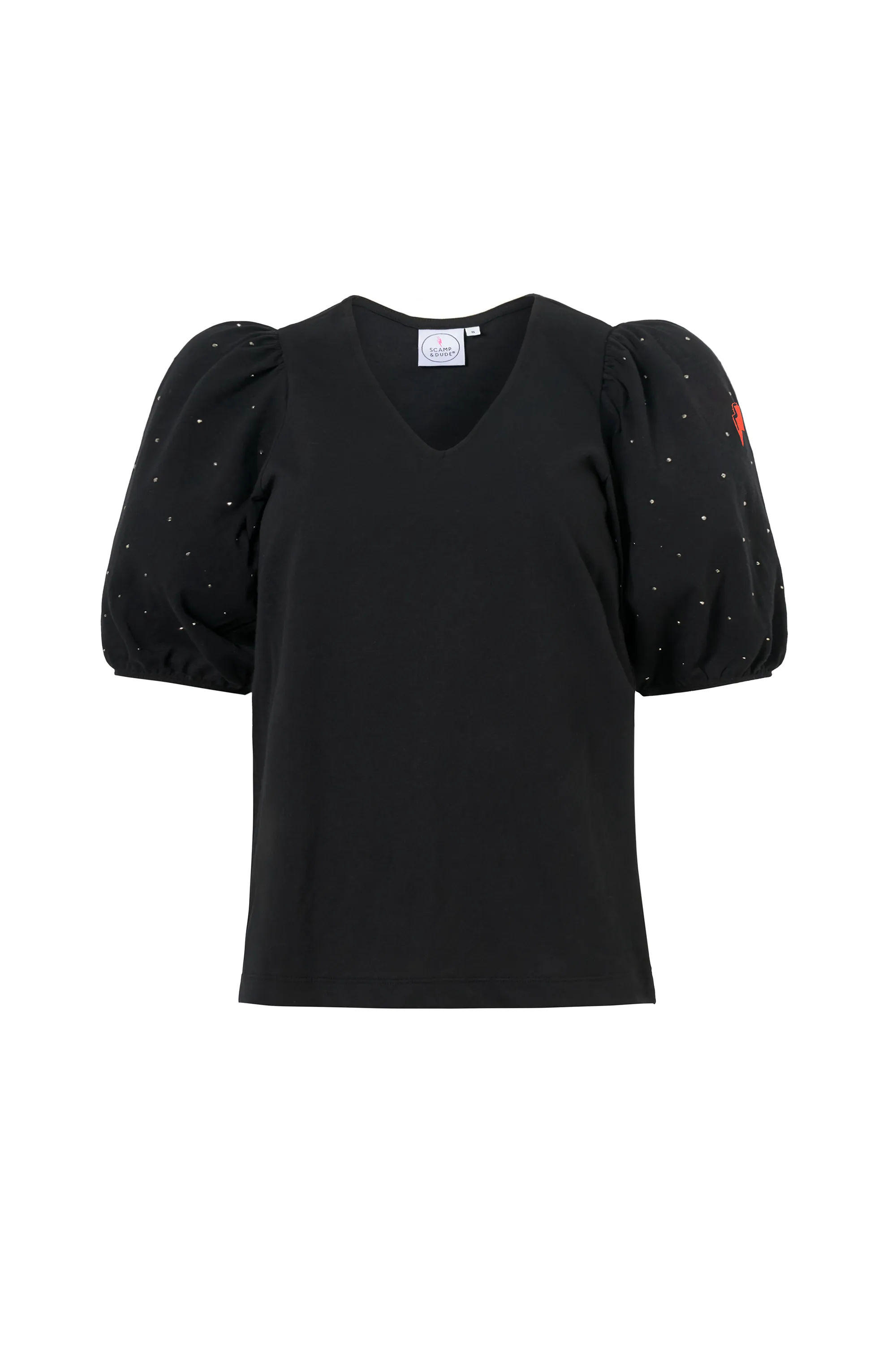 Black Studded V-Neck Puff Sleeve T-Shirt