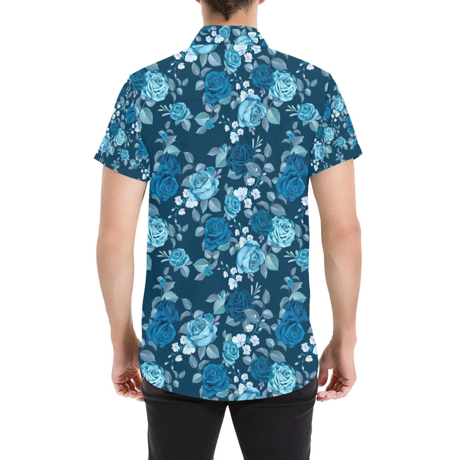 Blue Flowers Short Sleeve Men Button Up Shirt, Floral Print Casual Buttoned Down Summer Dress Shirt