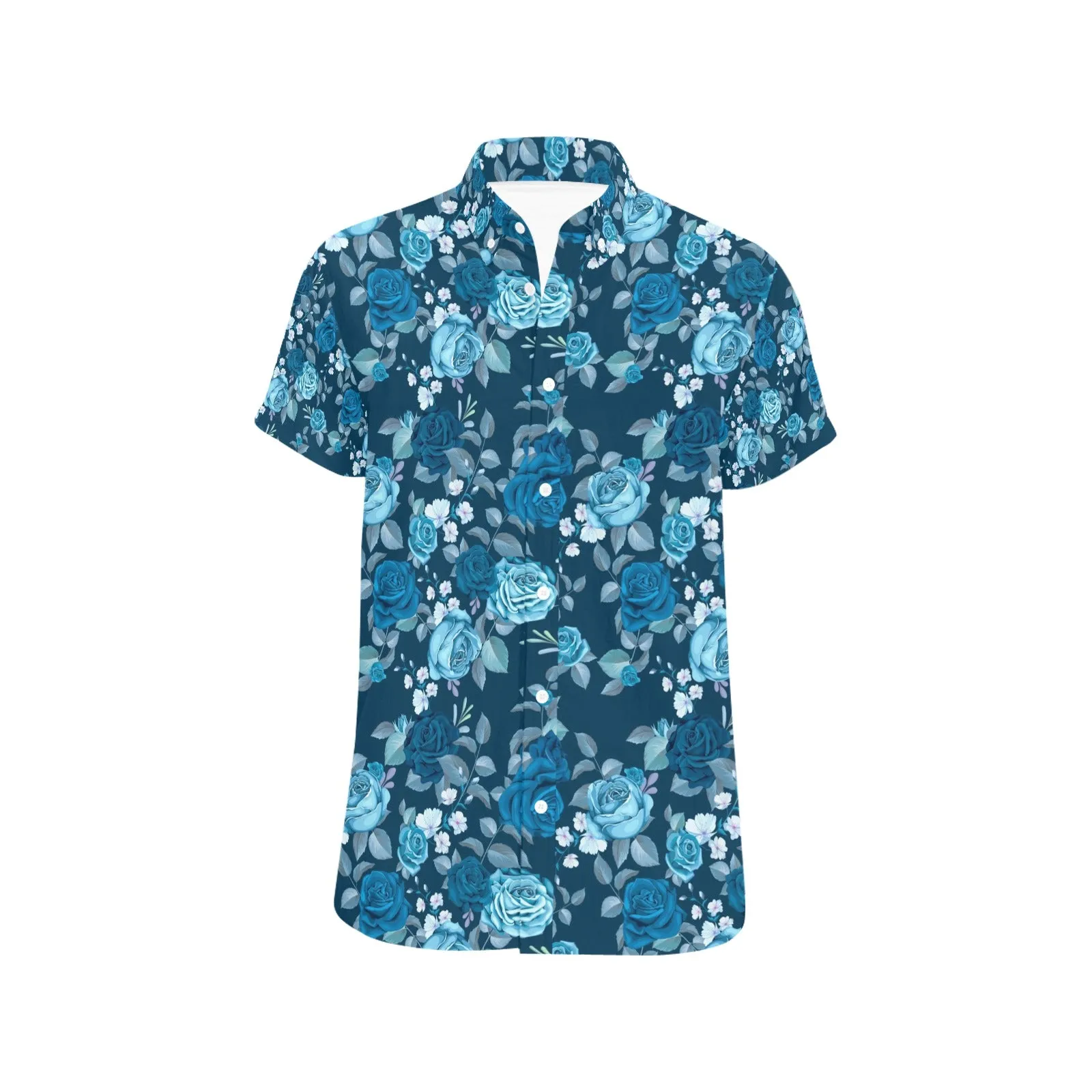 Blue Flowers Short Sleeve Men Button Up Shirt, Floral Print Casual Buttoned Down Summer Dress Shirt