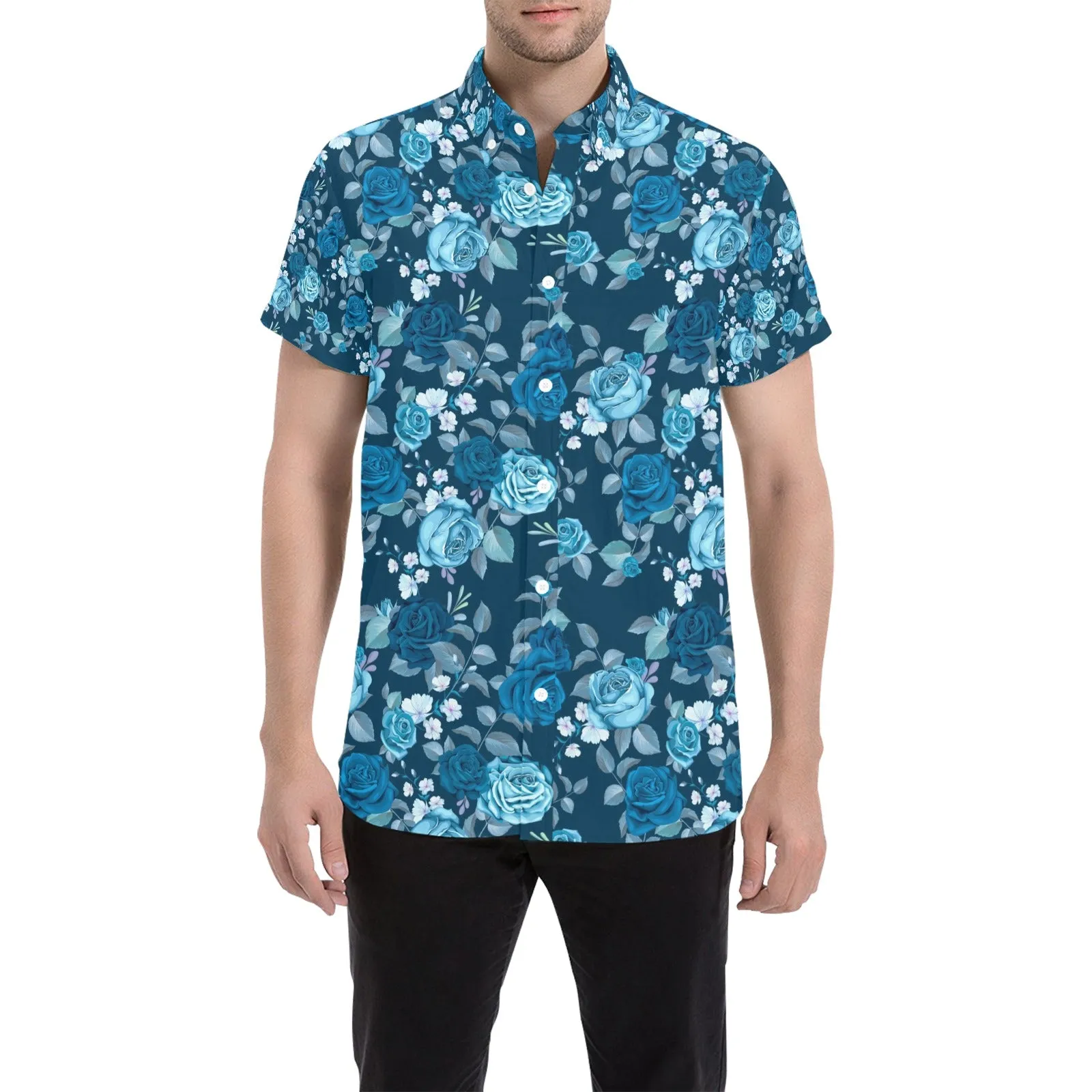 Blue Flowers Short Sleeve Men Button Up Shirt, Floral Print Casual Buttoned Down Summer Dress Shirt