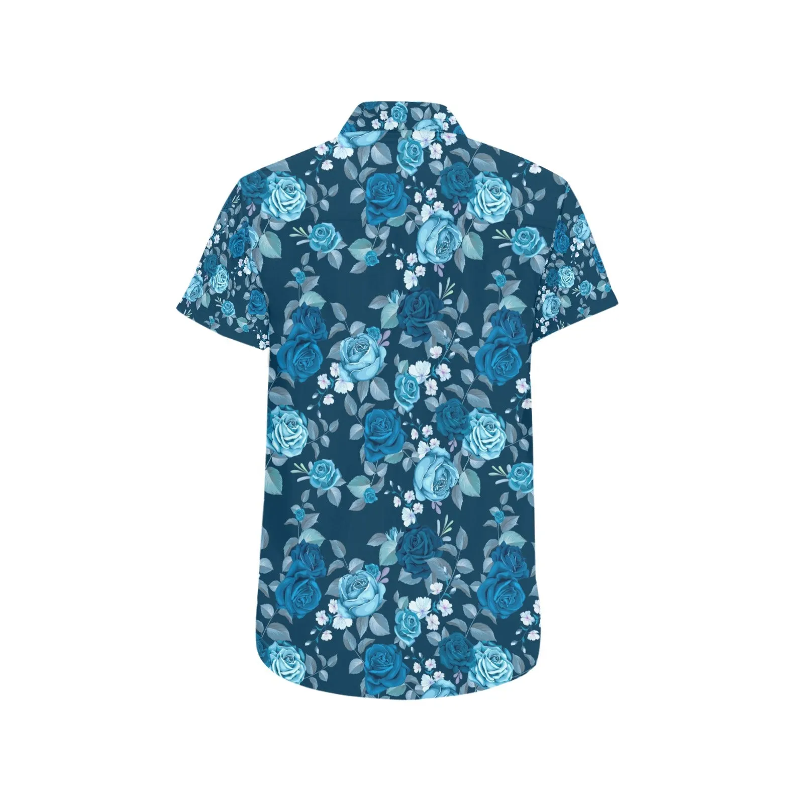 Blue Flowers Short Sleeve Men Button Up Shirt, Floral Print Casual Buttoned Down Summer Dress Shirt