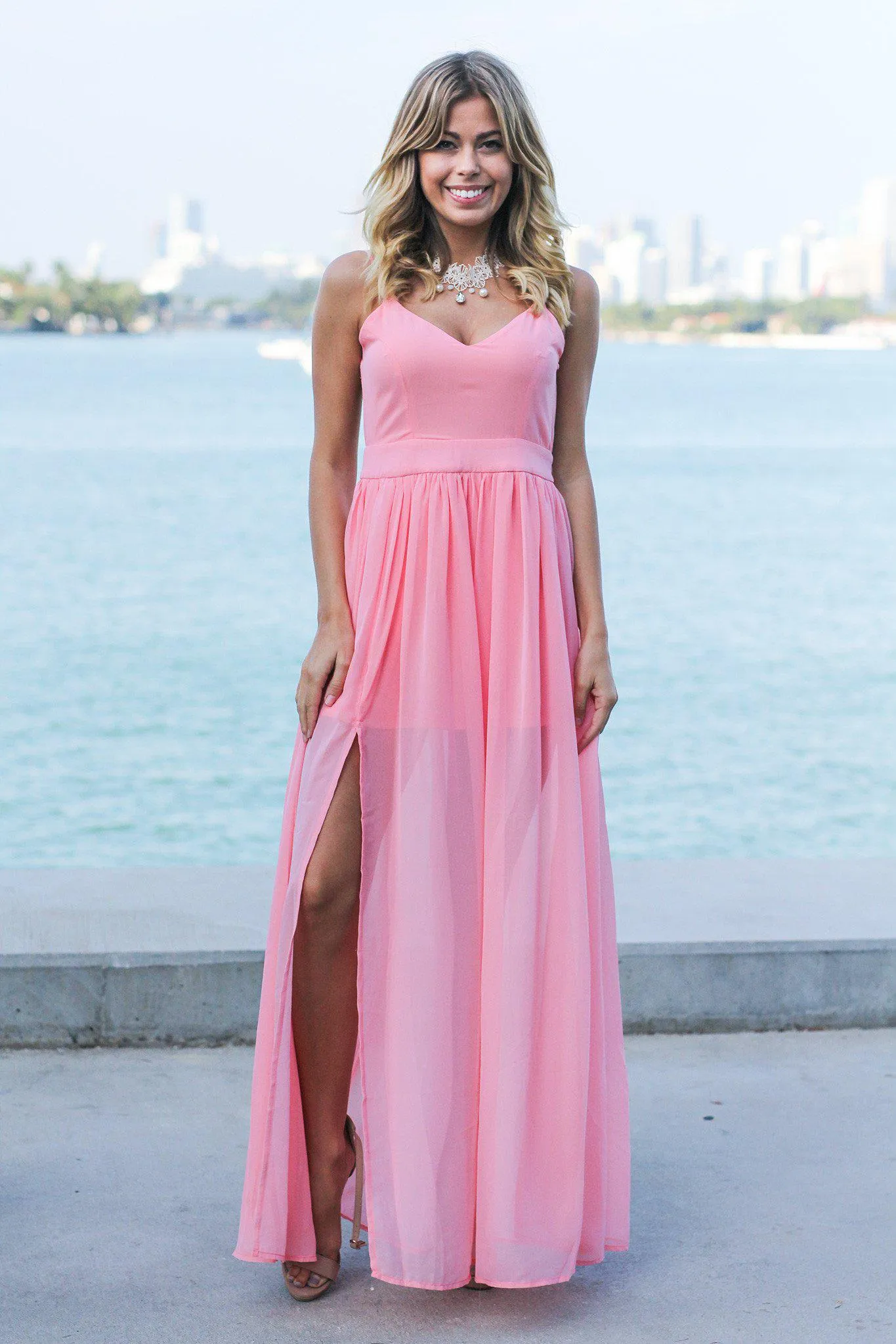 Blush Maxi Dress with Open Back and Side Slit