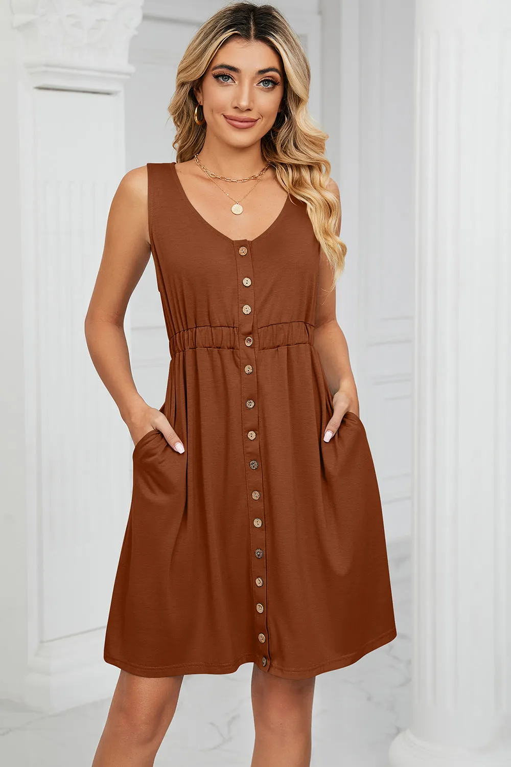 Buttoned Wide Strap Mini Dress