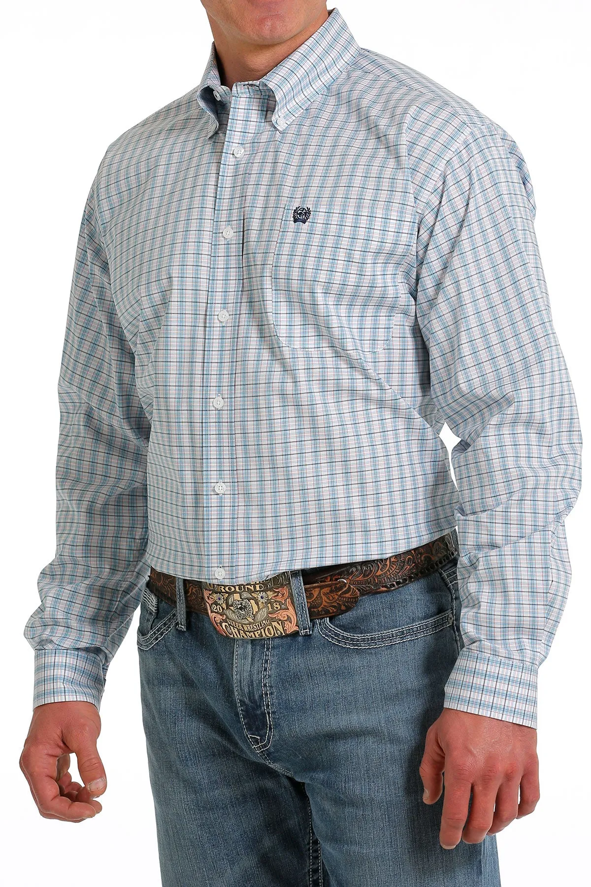 Cinch | White & Teal Plaid LS Shirt