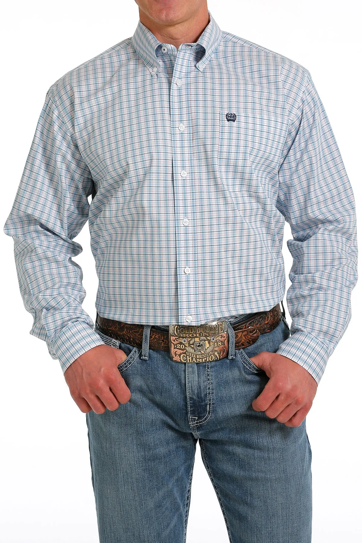 Cinch | White & Teal Plaid LS Shirt