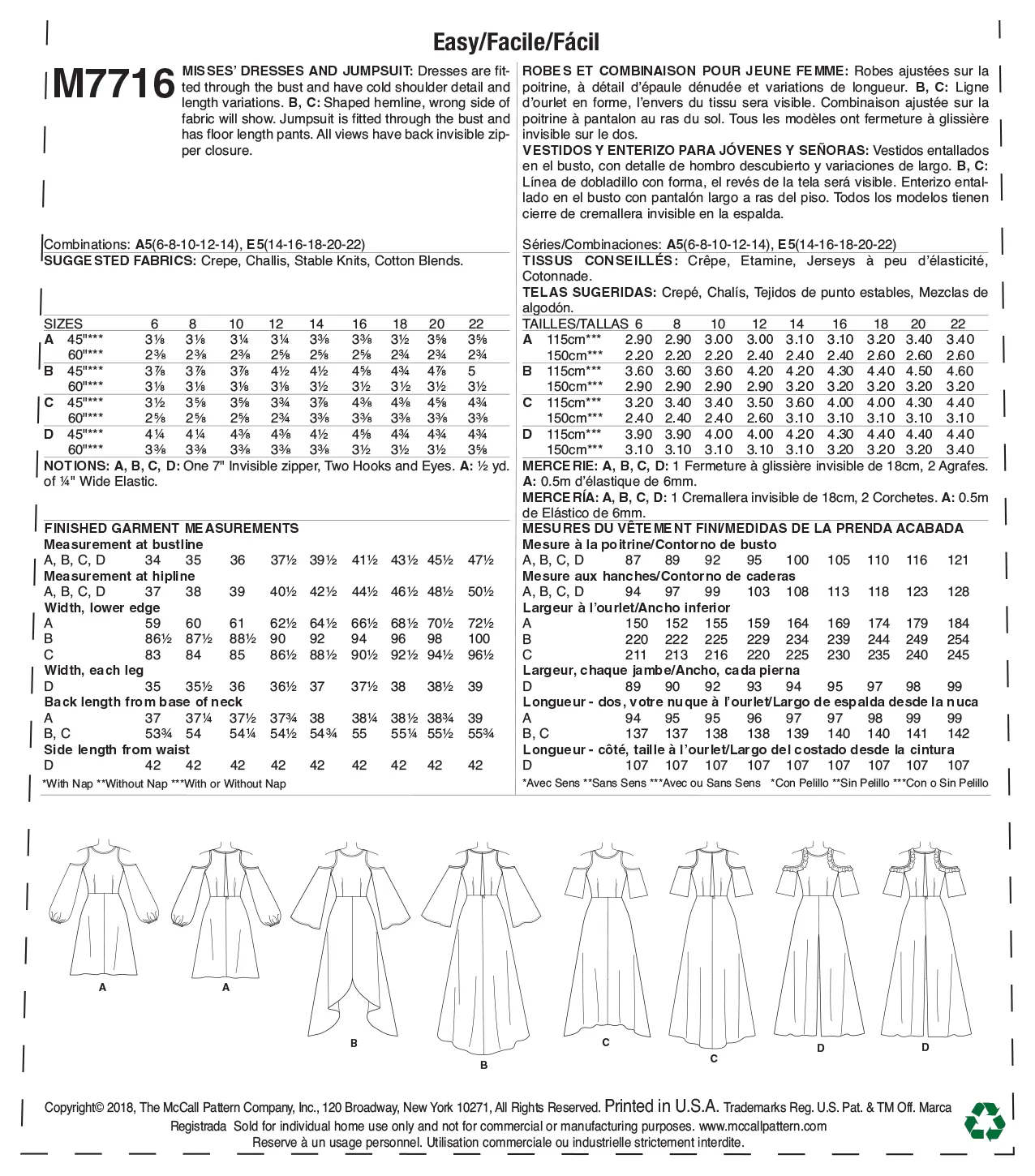 CLEARANCE • McCall's Pattern M7716 MISSES' DRESSES AND JUMPSUIT