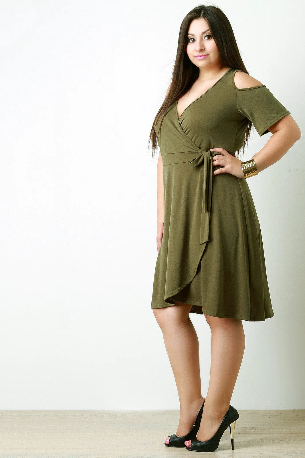 Cold Shoulder Surplice Wrap Midi Dress