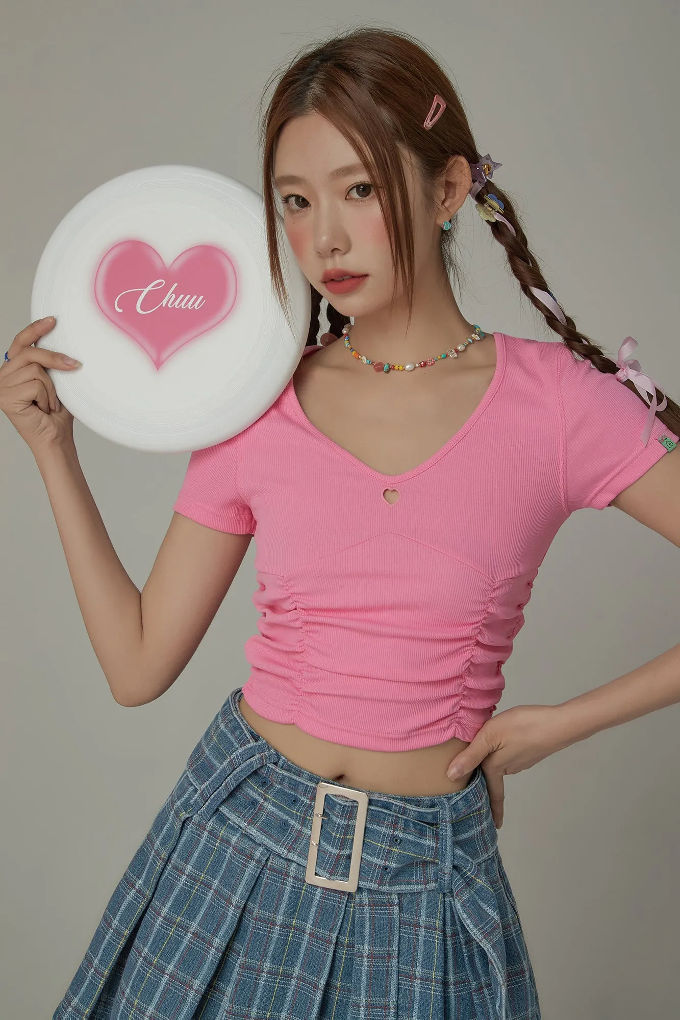 Color V-Neck Heart Keyhole Shirring Crop T-Shirt