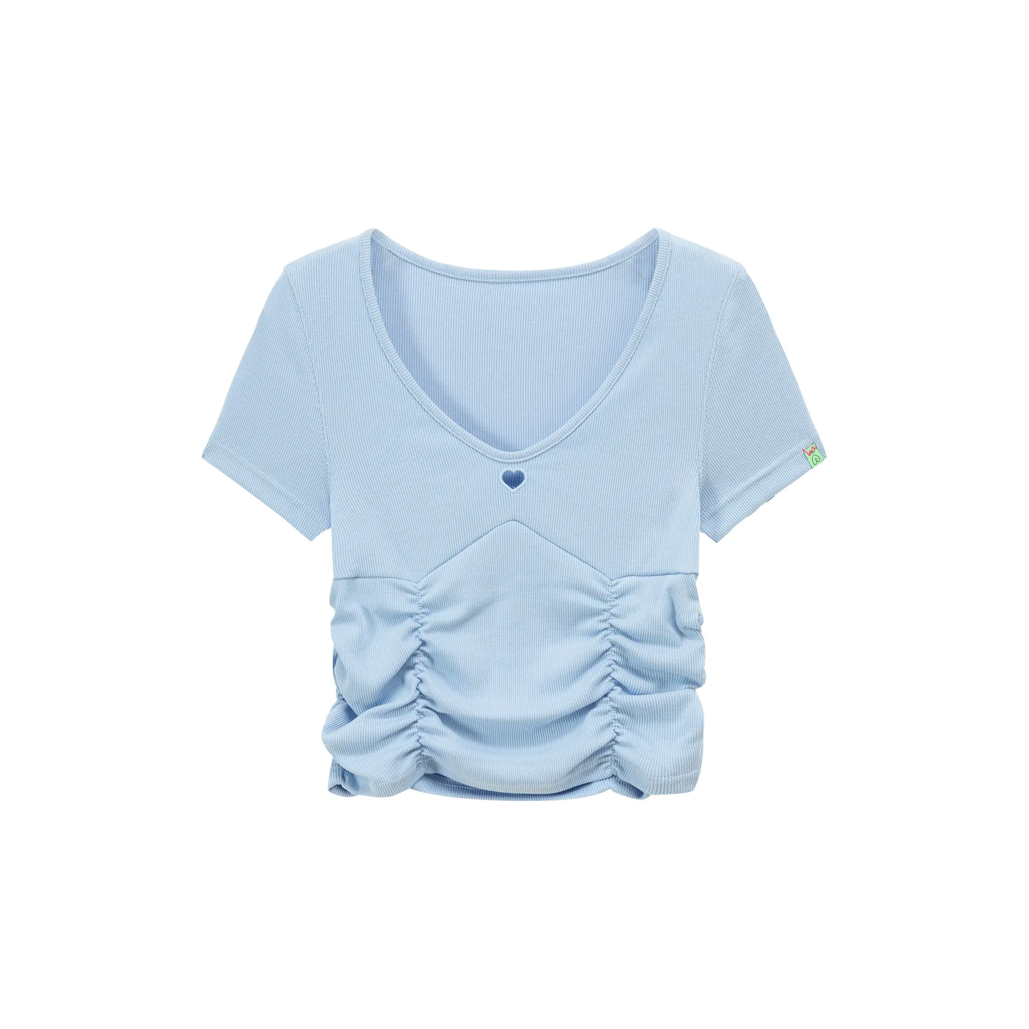 Color V-Neck Heart Keyhole Shirring Crop T-Shirt