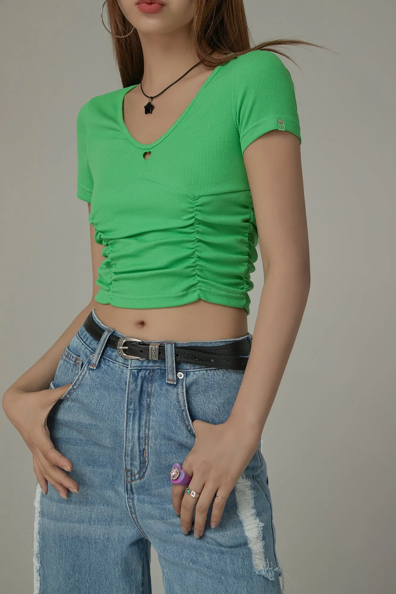 Color V-Neck Heart Keyhole Shirring Crop T-Shirt