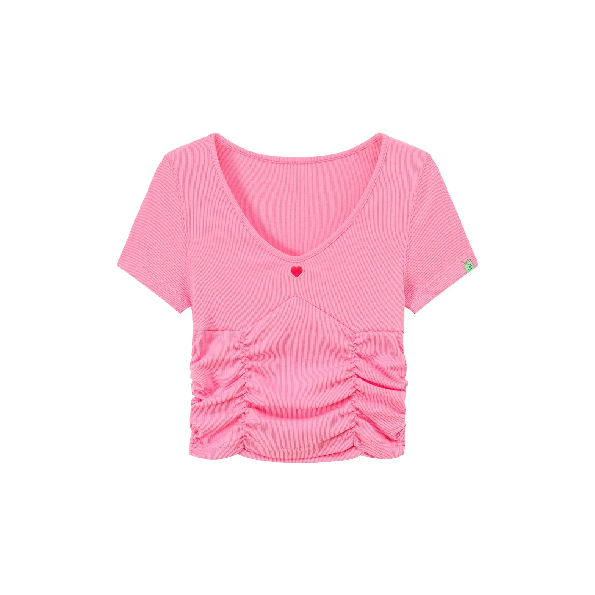 Color V-Neck Heart Keyhole Shirring Crop T-Shirt