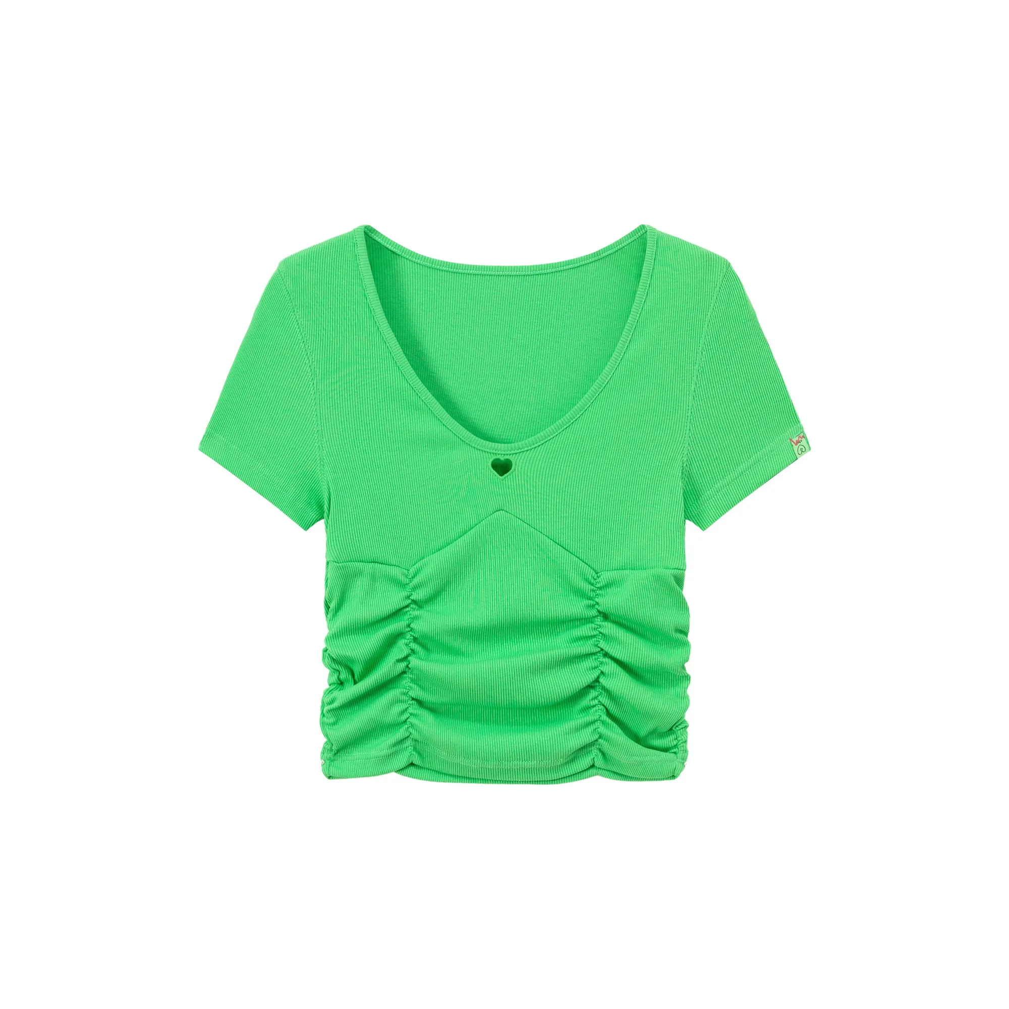 Color V-Neck Heart Keyhole Shirring Crop T-Shirt