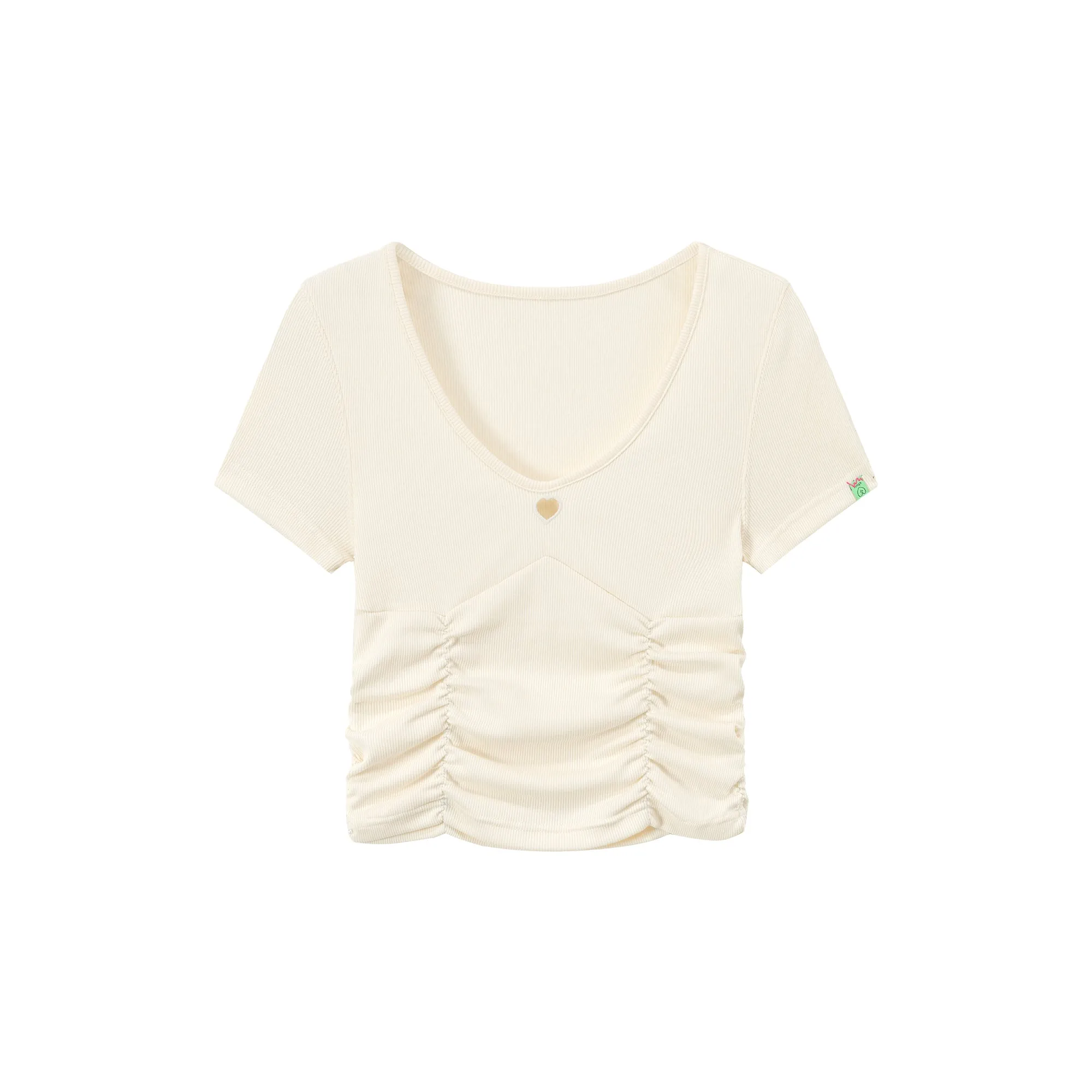 Color V-Neck Heart Keyhole Shirring Crop T-Shirt