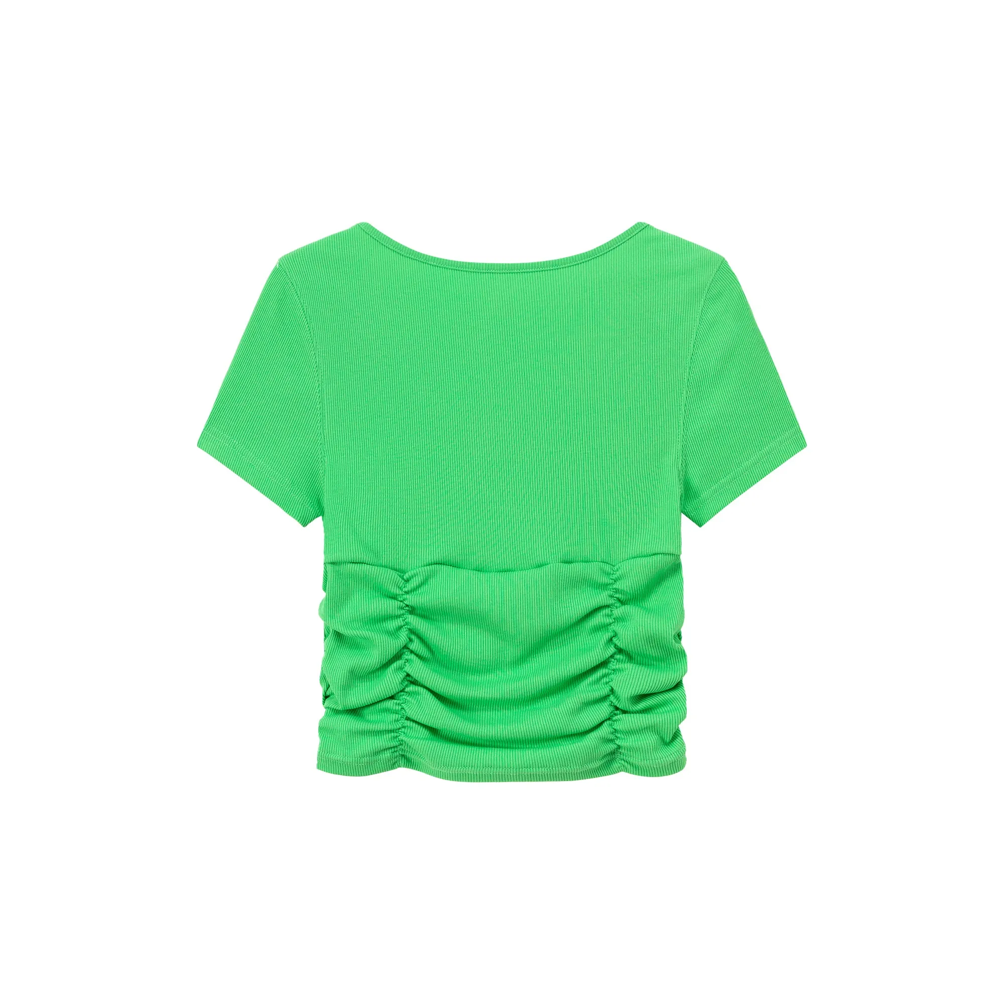 Color V-Neck Heart Keyhole Shirring Crop T-Shirt