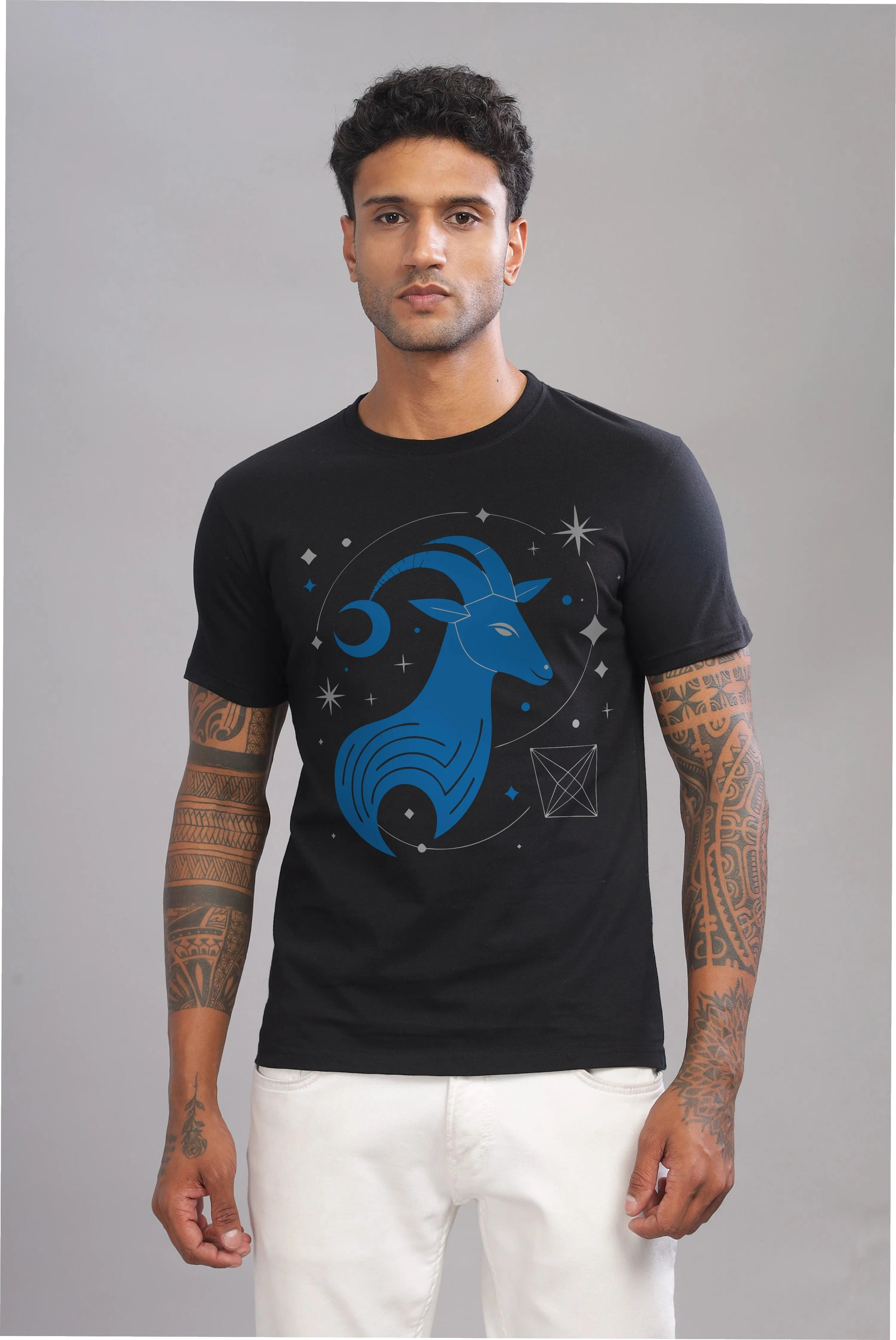 Cosmic Capricorn Black Half Sleeve Printed Round Neck T-Shirt