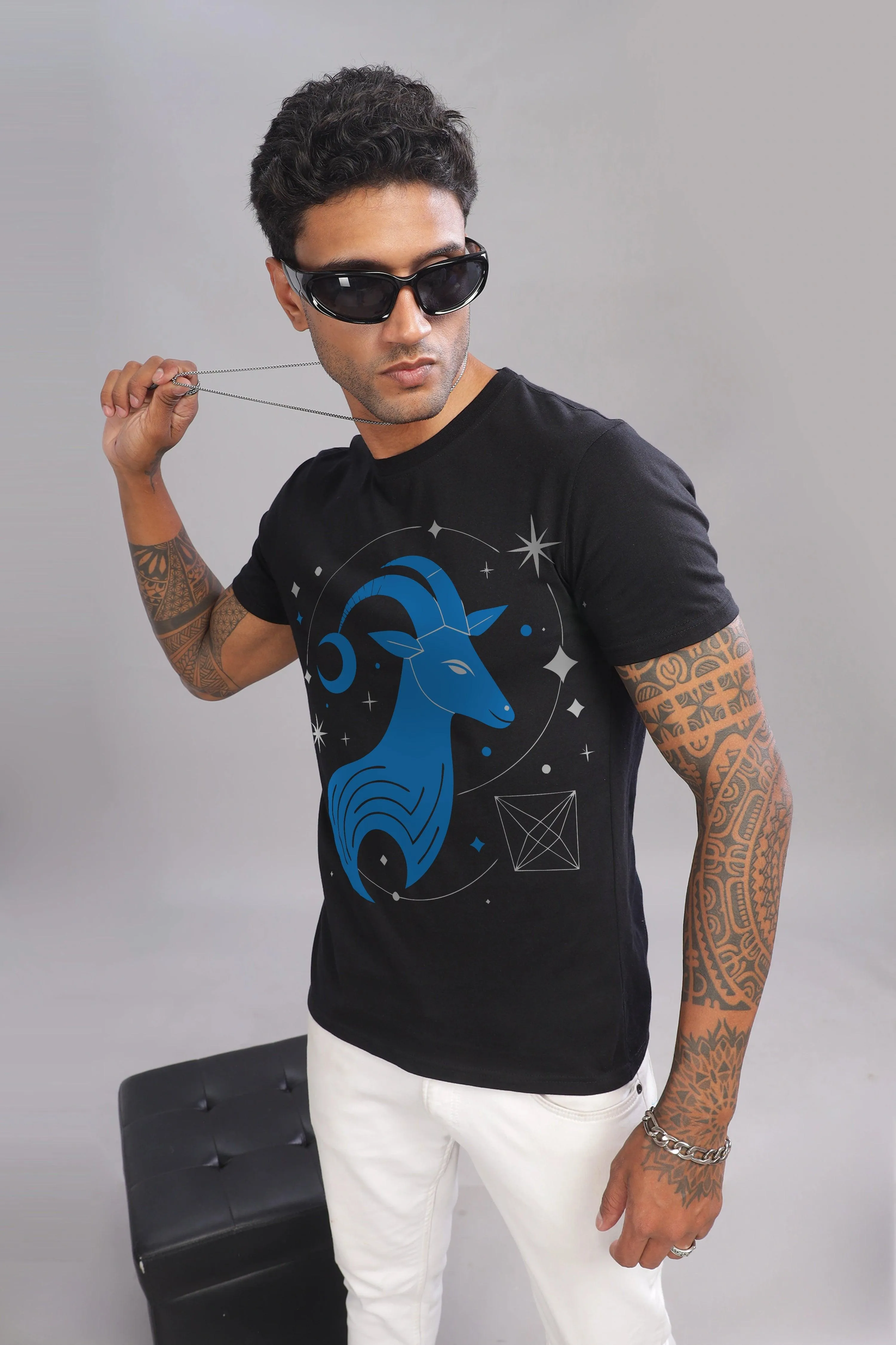 Cosmic Capricorn Black Half Sleeve Printed Round Neck T-Shirt