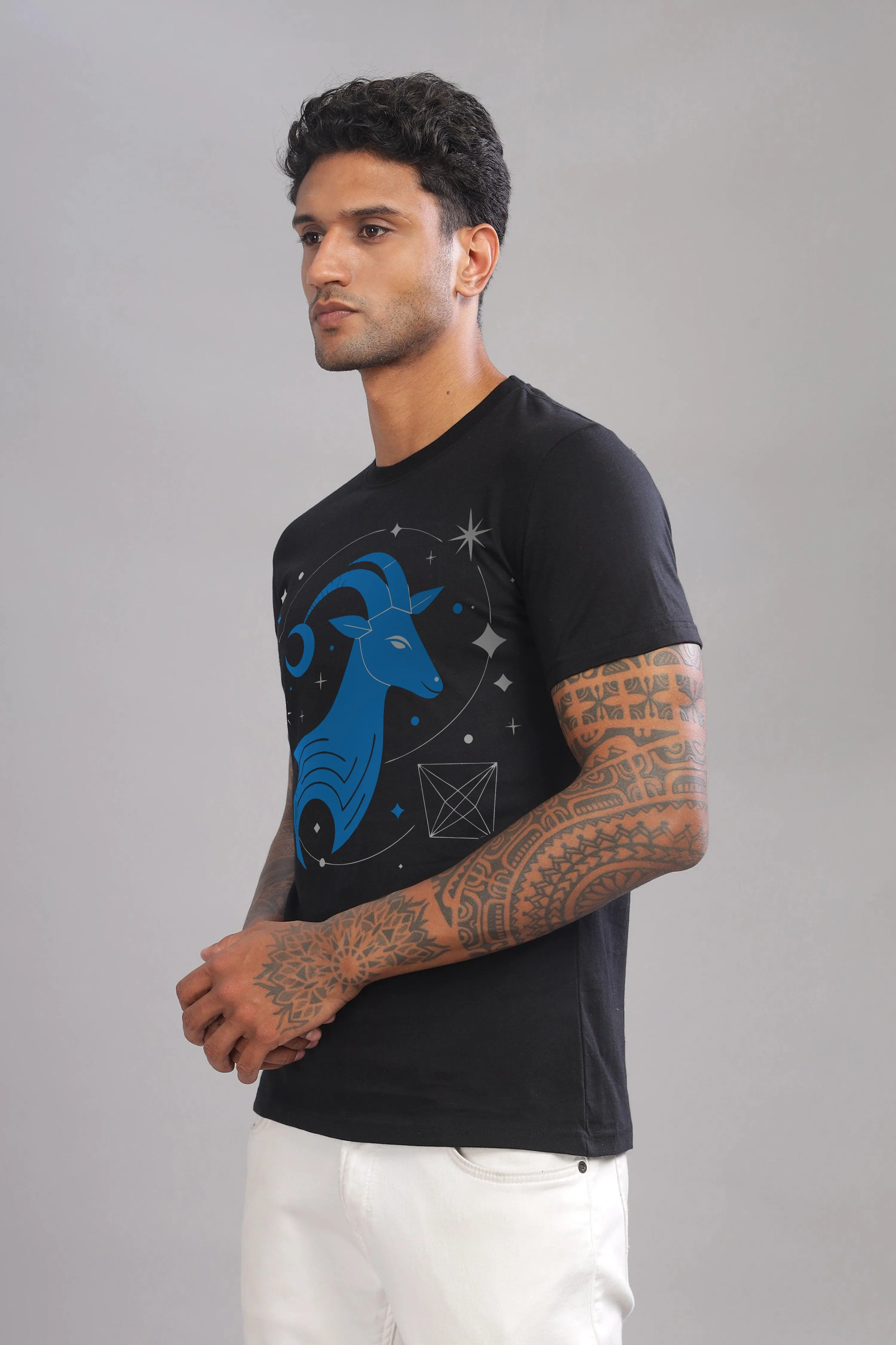 Cosmic Capricorn Black Half Sleeve Printed Round Neck T-Shirt