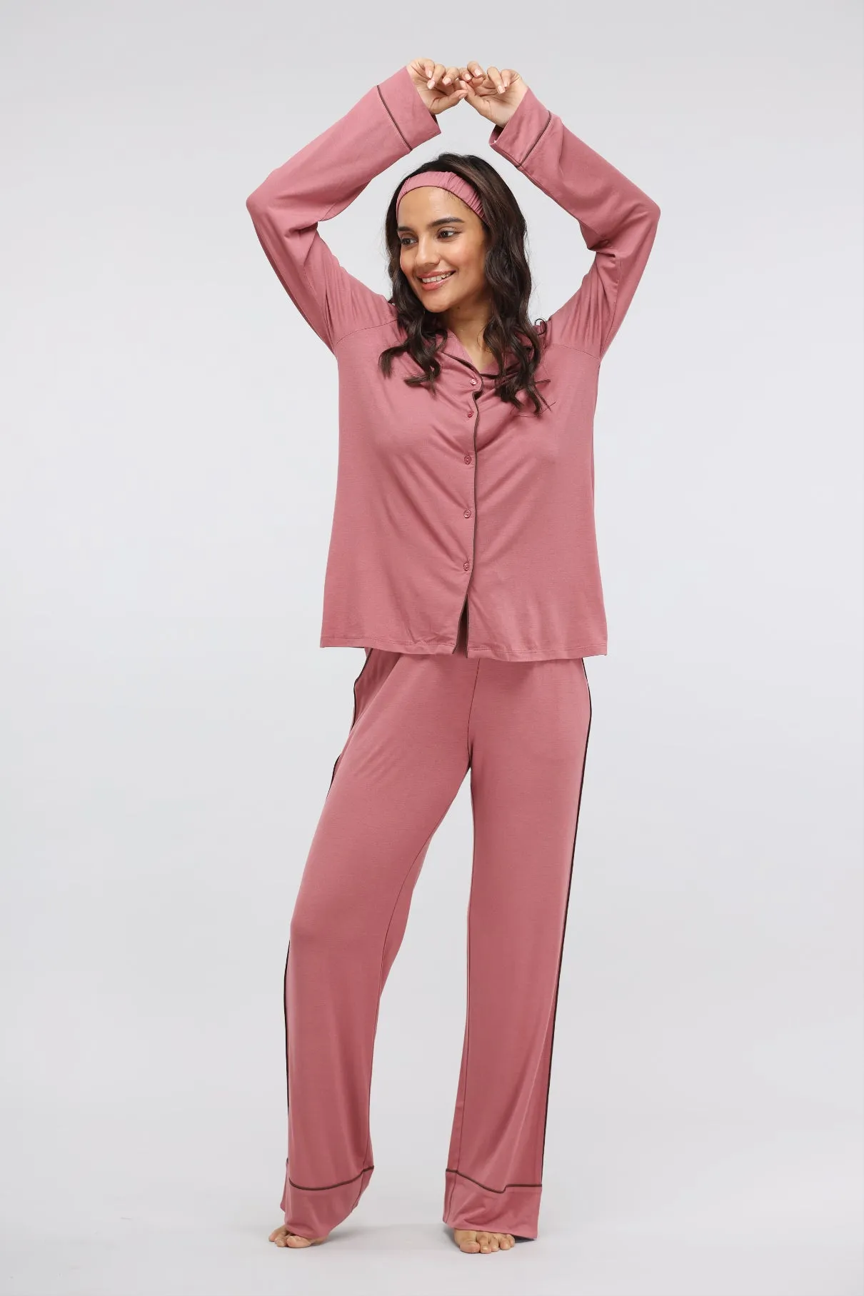 Deco Rose Modal Button Down Piping Full Sleeve Lounge Top