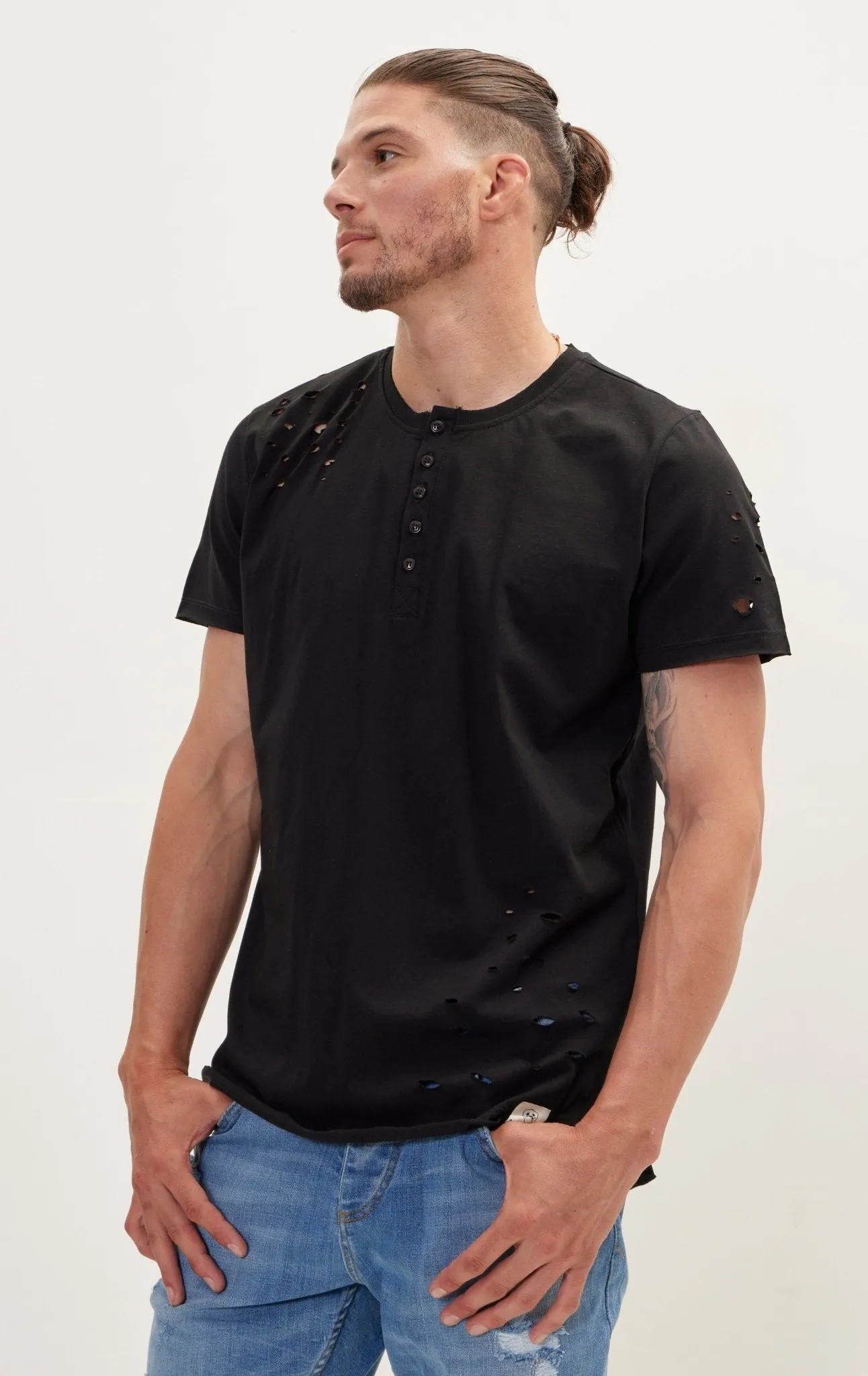 Distressed Button Down T-Shirt - Black