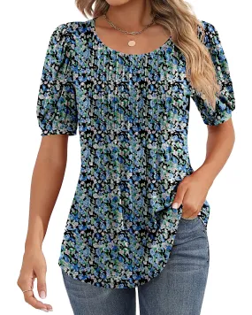 Ficerd Women's Puff Short Sleeve Tunic Tops Pleated Crew Neck Summer Blouses Dressy Casual Loose T Shirts(Blue Flower, XL)