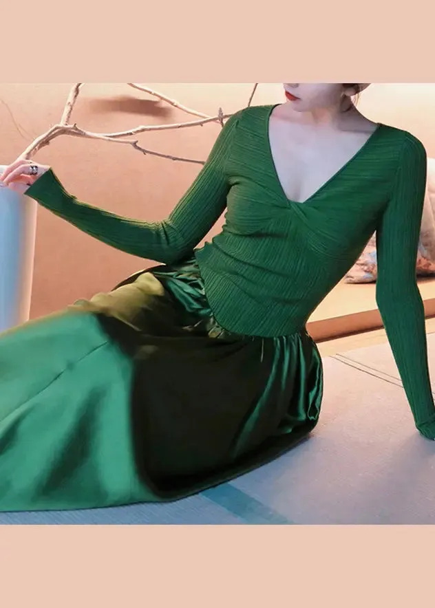 Fitted Wrinkled Knit Silk Long Dresses Fall