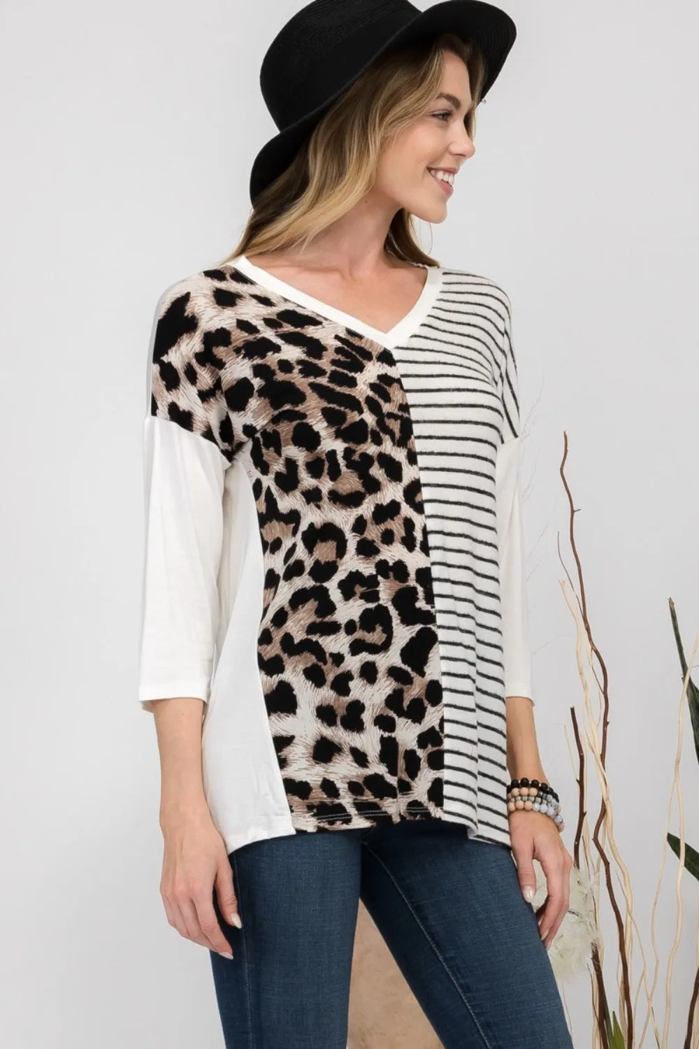 Full Size Front Leopard and Striped Print V-Neck T-Shirt