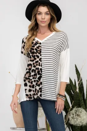 Full Size Front Leopard and Striped Print V-Neck T-Shirt