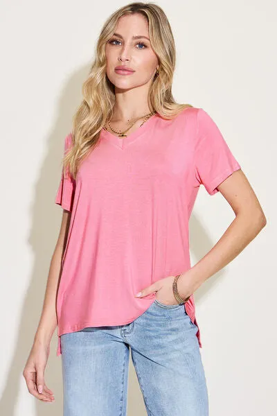 Full Size V-Neck High-Low T-Shirt