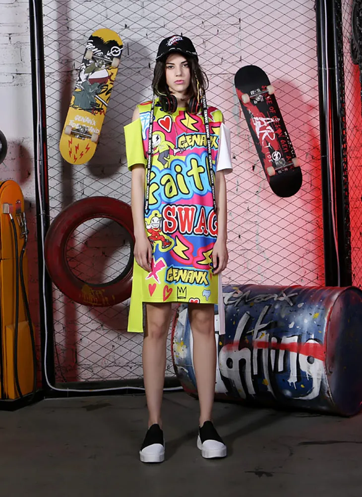 Hip Hop Cartoon Letter Print Straight Midi Dresses