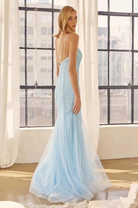 Ice Blue Glitter Mesh Fitted Evening Prom Gown