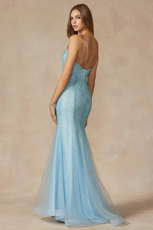 Ice Blue Glitter Mesh Fitted Evening Prom Gown