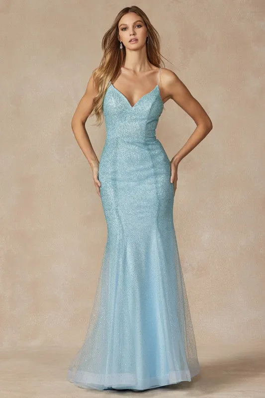 Ice Blue Glitter Mesh Fitted Evening Prom Gown