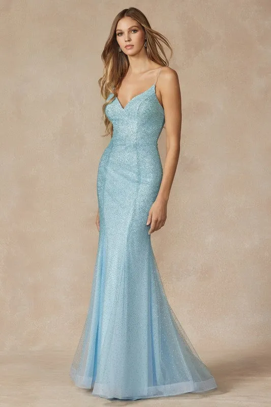 Ice Blue Glitter Mesh Fitted Evening Prom Gown