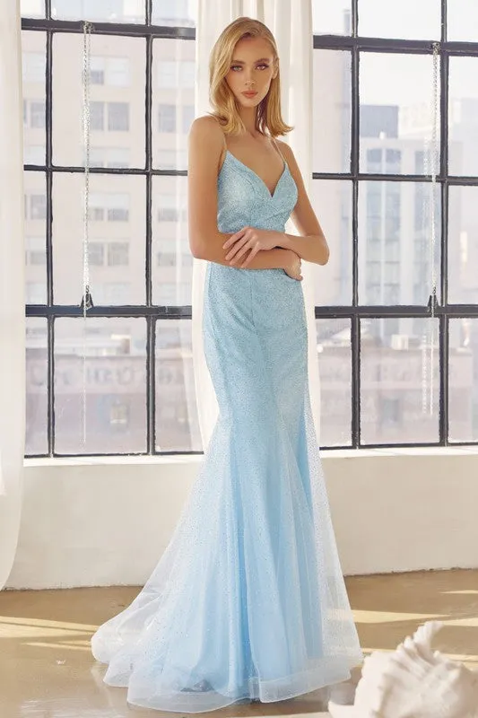 Ice Blue Glitter Mesh Fitted Evening Prom Gown