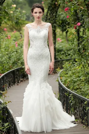 Illusion Lace with Flanged Tulle Mermaid Wedding Dress